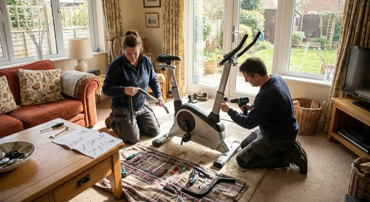 Technicians assembling new exercise equipment in a residential setting