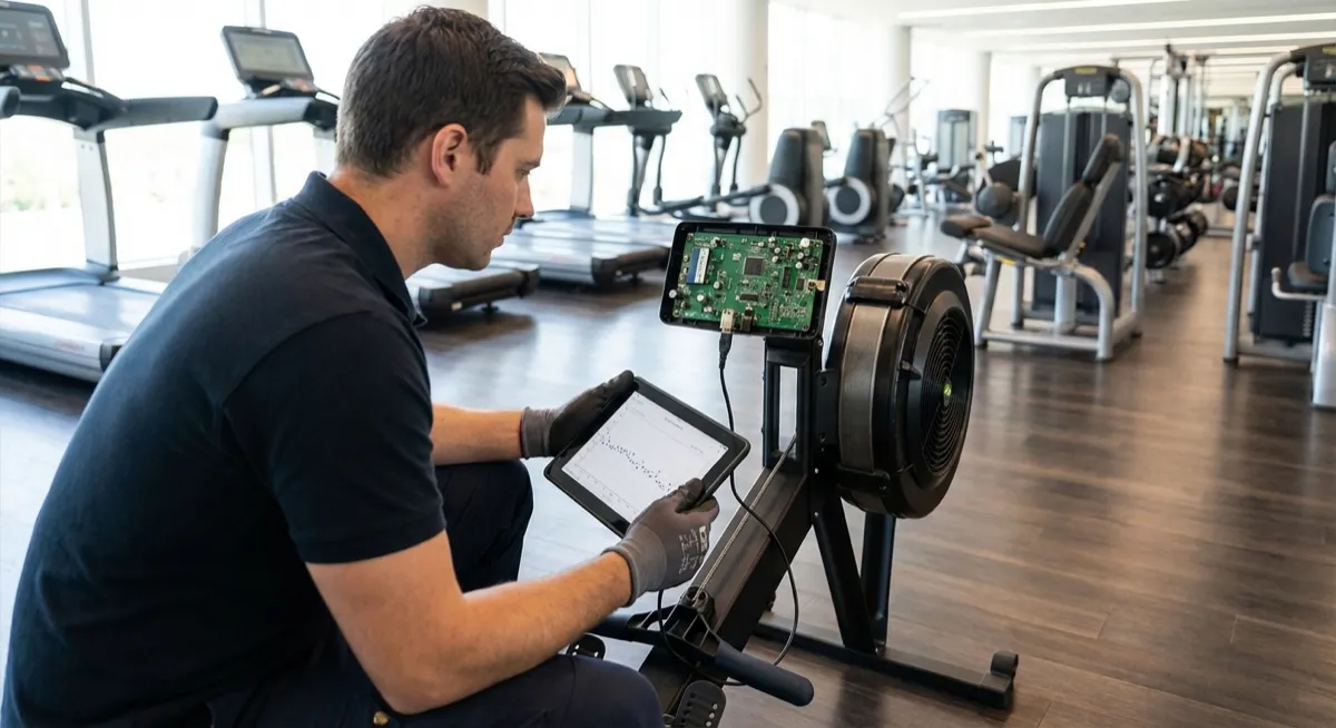 Technician calibrating and tuning a rowing machine display with digital equipment