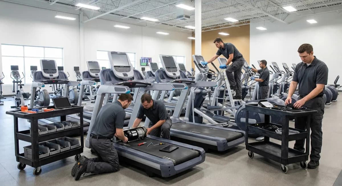 Team of technicians servicing commercial gym equipment in a large fitness facility