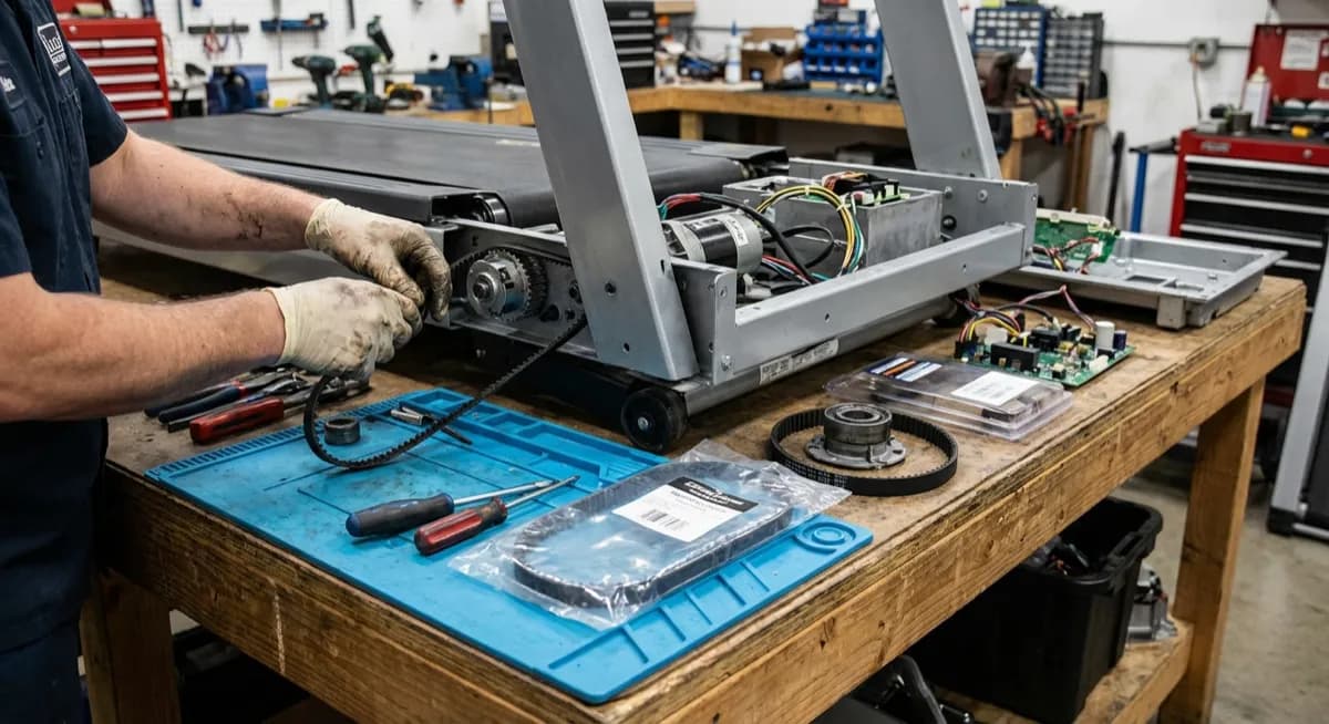 Professional replacing treadmill belt and motor parts at a repair workstation