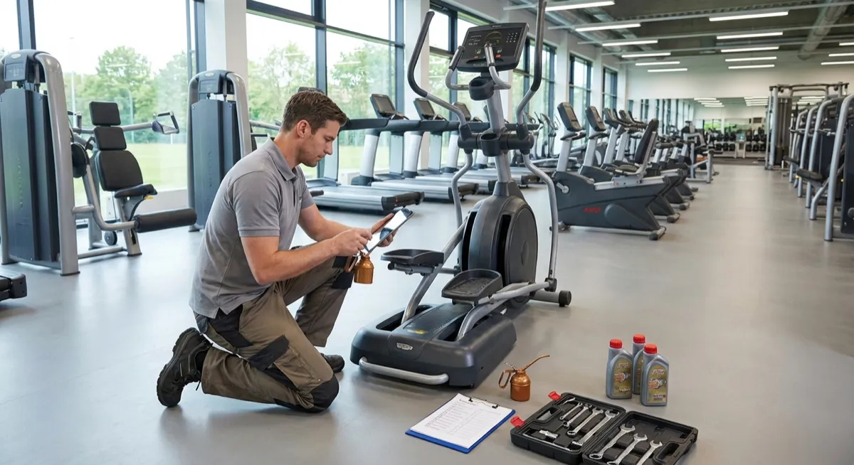 Technician performing preventive maintenance inspection on an elliptical machine